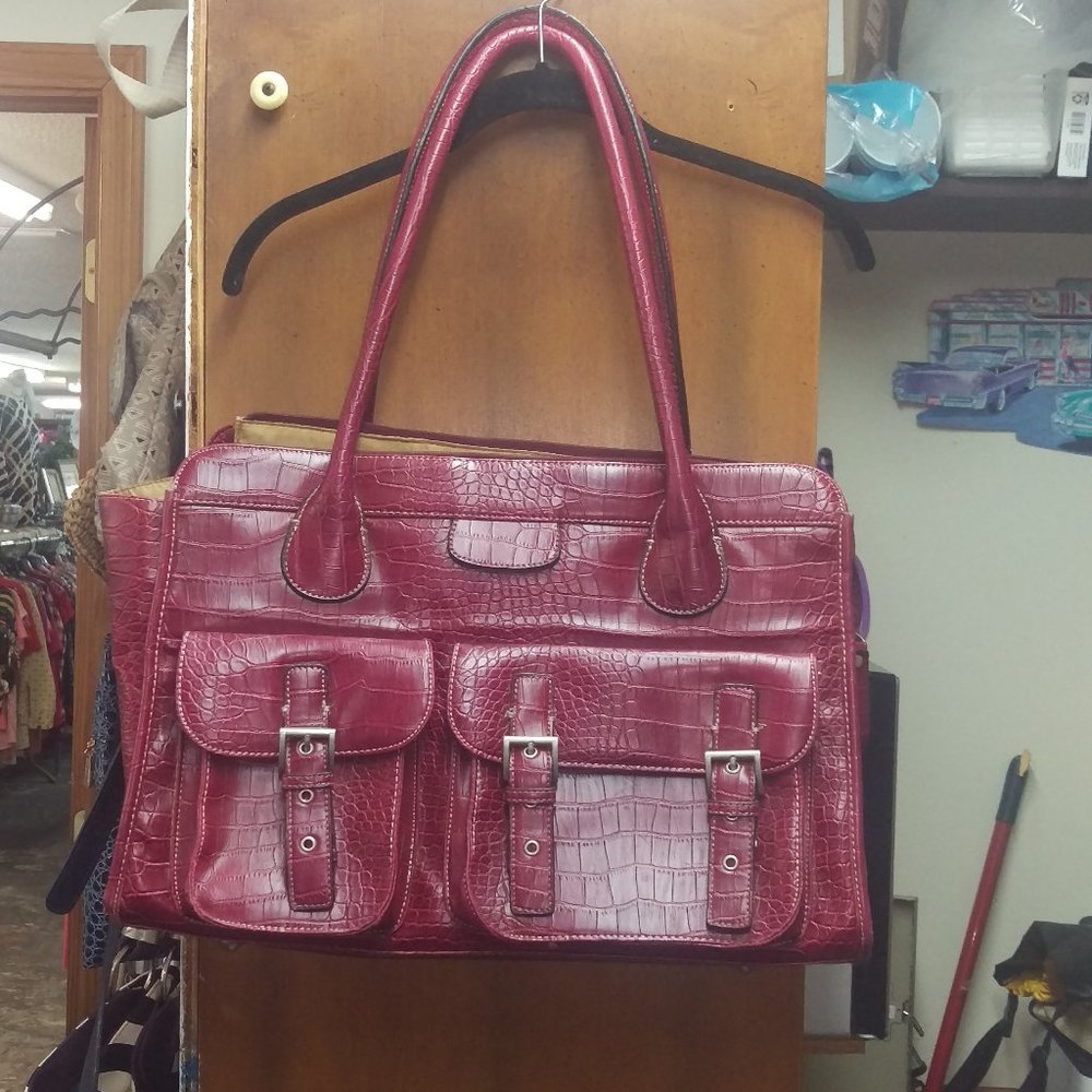 X-Large Red Vinyl Tote Bag - Faux Alligator Look